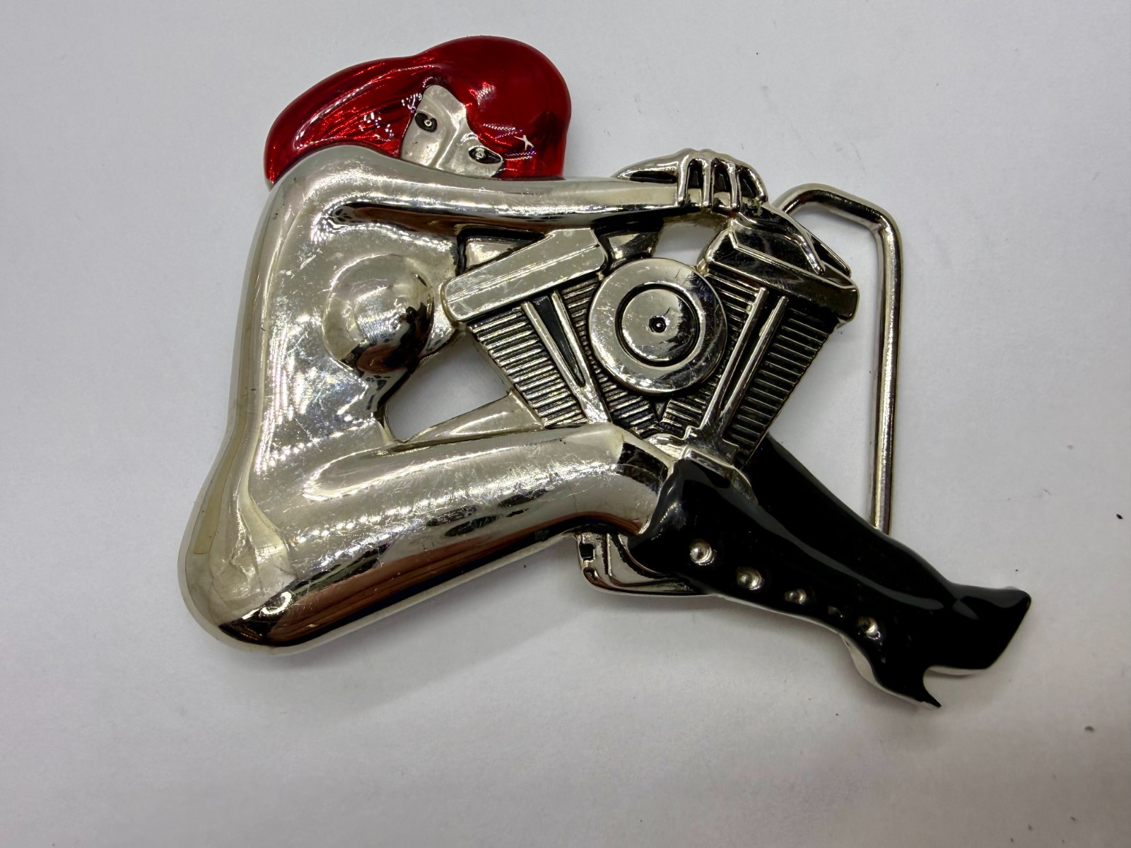 Woman Hugging V-Twin Engine with Red Enamel Hair Novelty Figural Belt Buckle