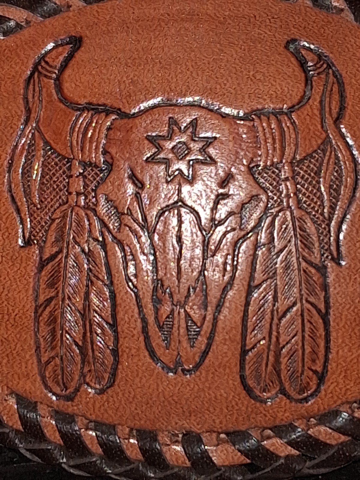 Handmade Leather Tooled Native Steer Head Belt Buckle 4&Prime; X 3&Prime;