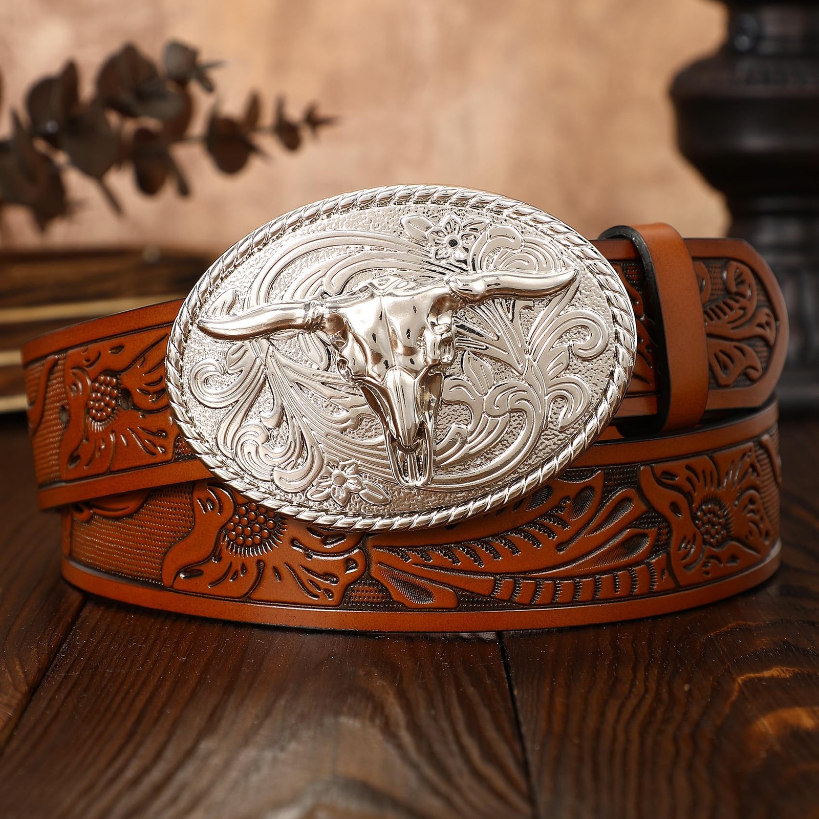 XZQTIVE Western Leather fits waist from 33&Prime;-36&Prime;, Brown/Silver Bull Buckle