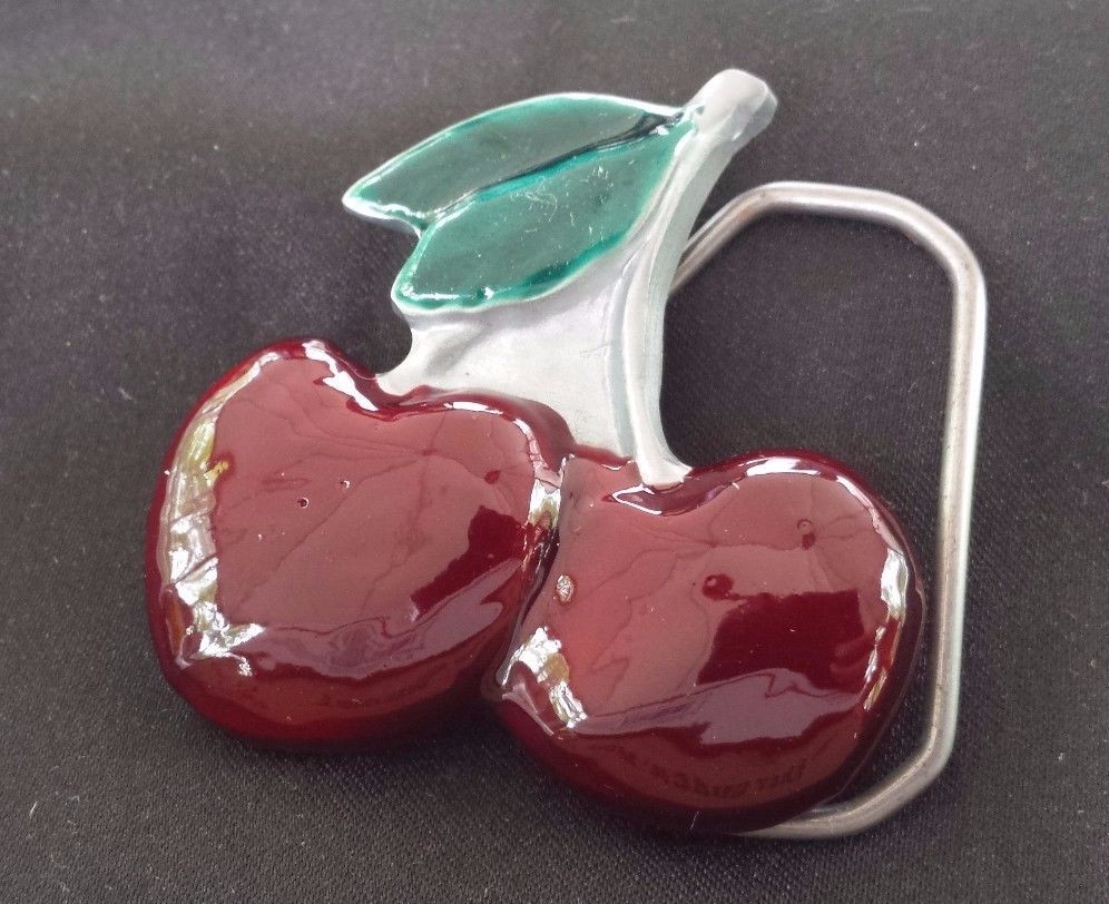 CHERRY CHERRIES RED WITH GREEN STEM LEAVES FRUIT BELT BUCKLE