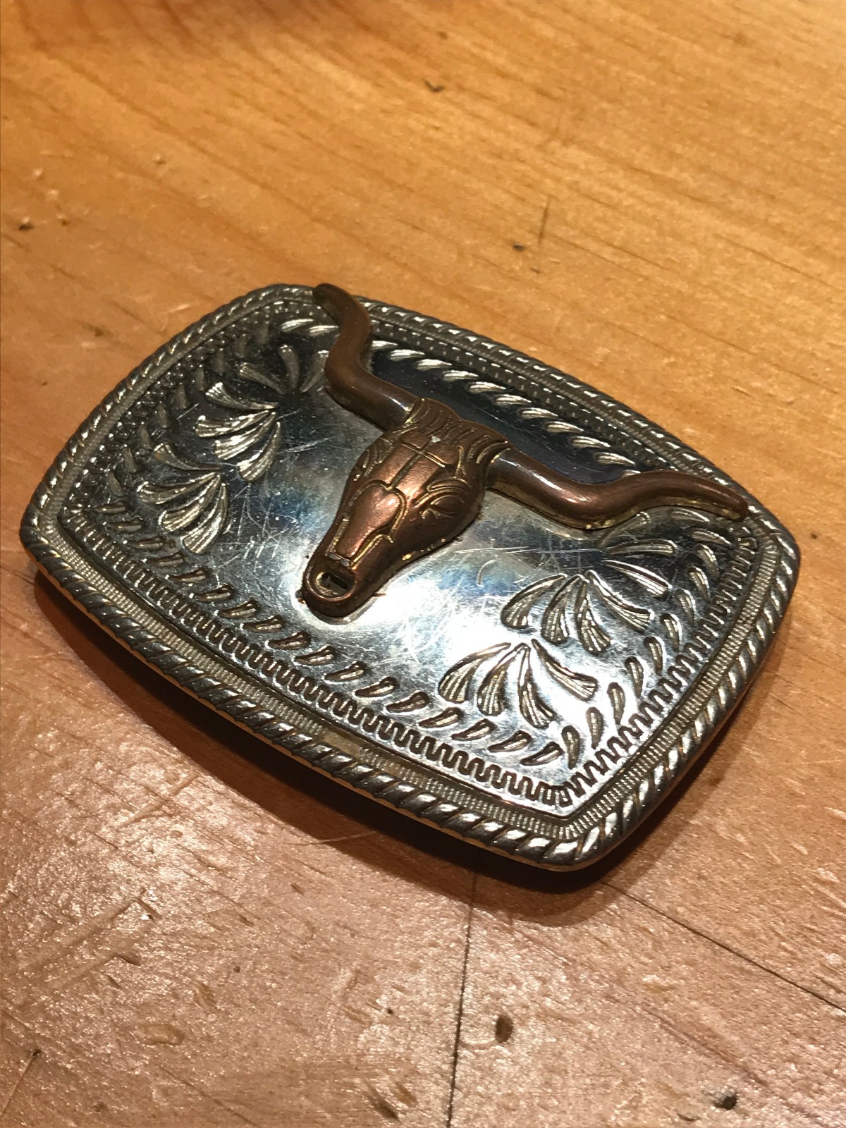 CLASSIC LONGHORN BULL / STEER HEAD WITH WESTERN PATTERN BELT BUCKLE