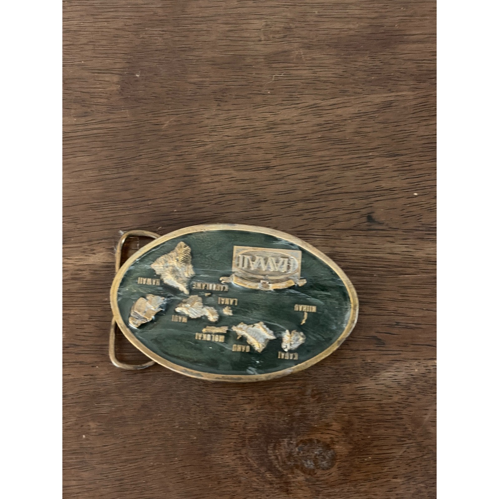 Vintage 1984 Arroyo Grande Buckle Co Hawaii Islands Map Brass Belt Buckle Green