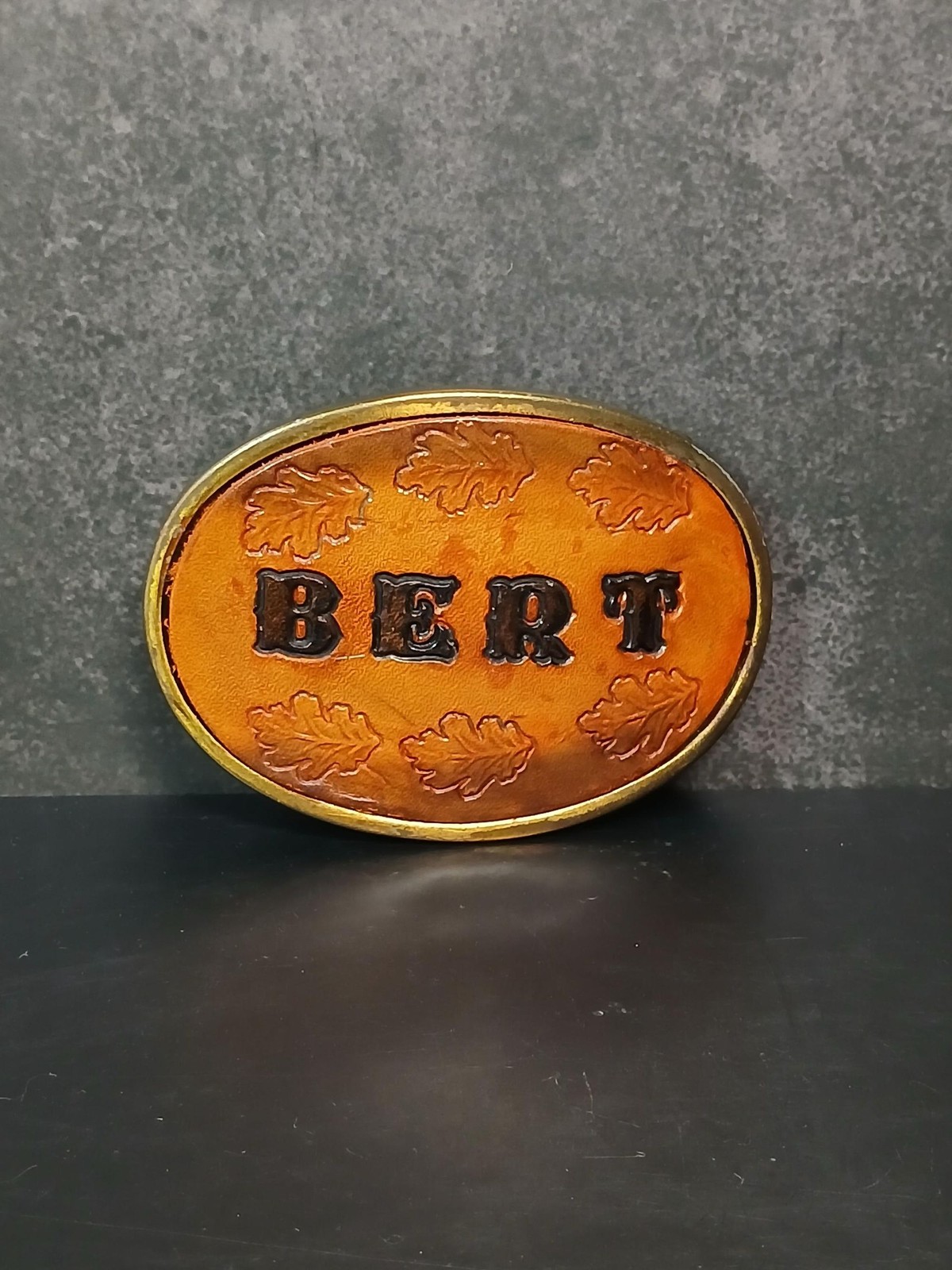 Vintage BERT Leather Inlay Brass Tone Belt Buckle Made USA
