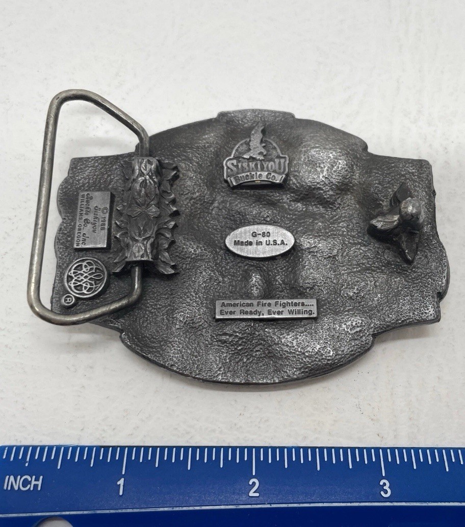 American Fire Fighter Belt Buckle SiskiYou 1988 Made in USA Fire Engine Pewter