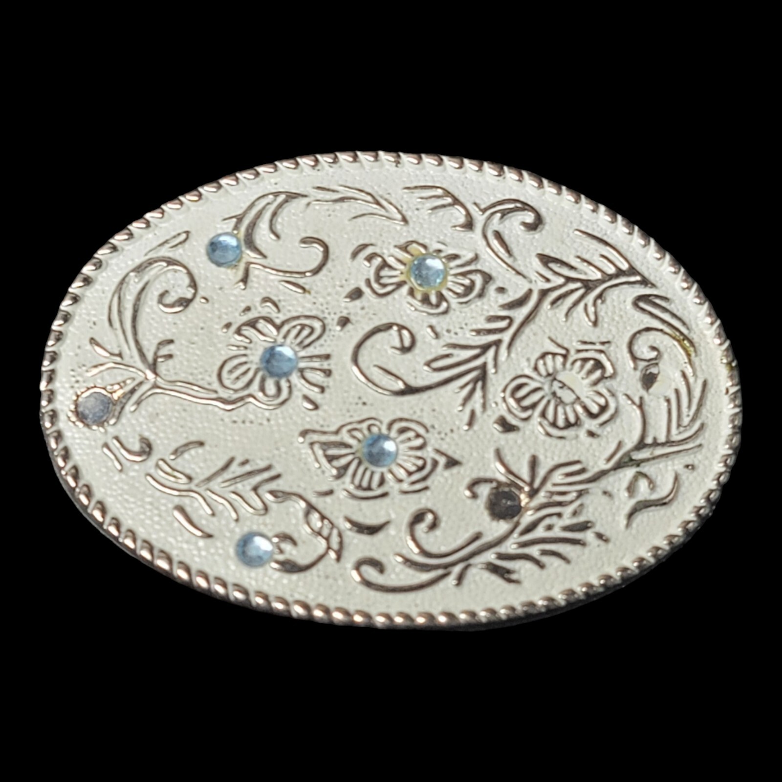 Vintage Belt Buckle Rhinestone Blue Crystal Silver Western Scroll Cowgirl 80s