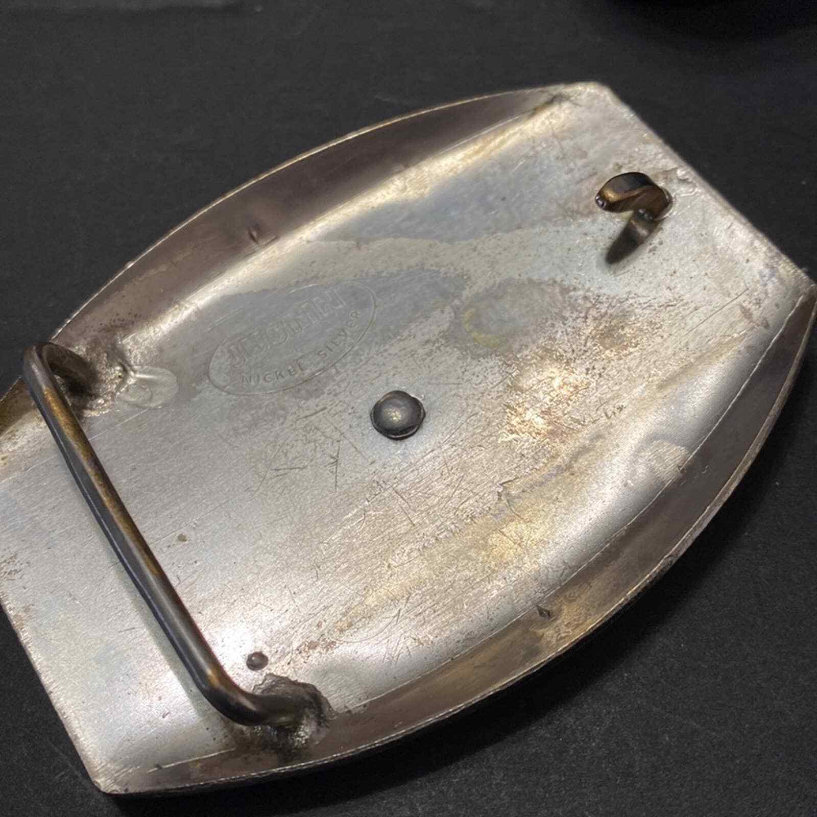 Vintage JUSTIN Nickel Silver Texas Longhorn Steer Cattle Bull Rodeo Belt Buckle