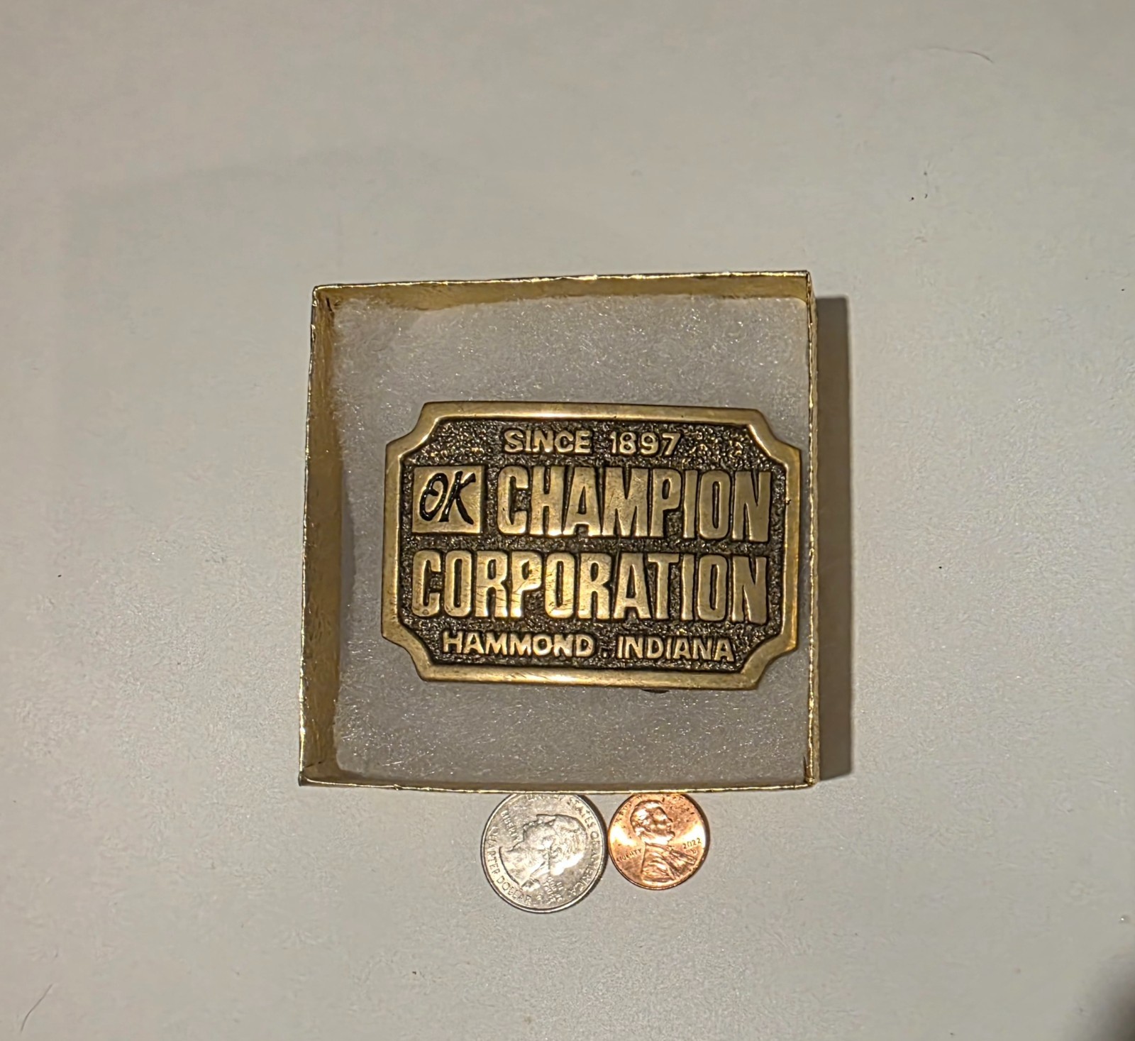 Vintage Metal Belt Buckle, Brass, OK Champion Corporation, SInce 1897, Hammond
