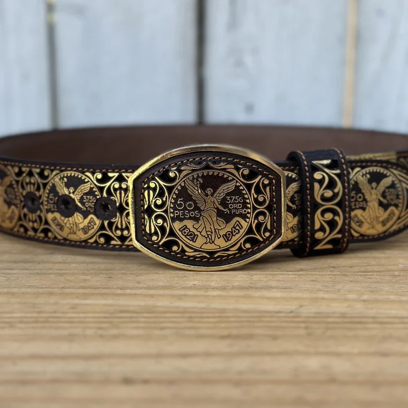Genuine Laser Cut Leather Centenario Western Belt with Removable Buckle – Gold
