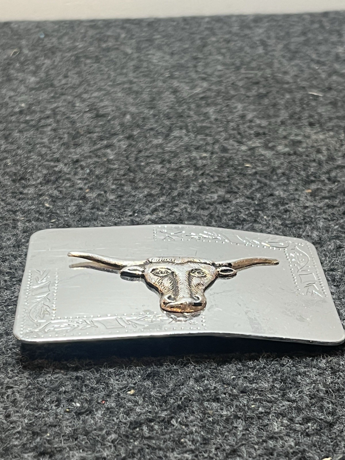 Western Longhorn Bull Belt Buckle Silver Tone Floral Etched Cowboy