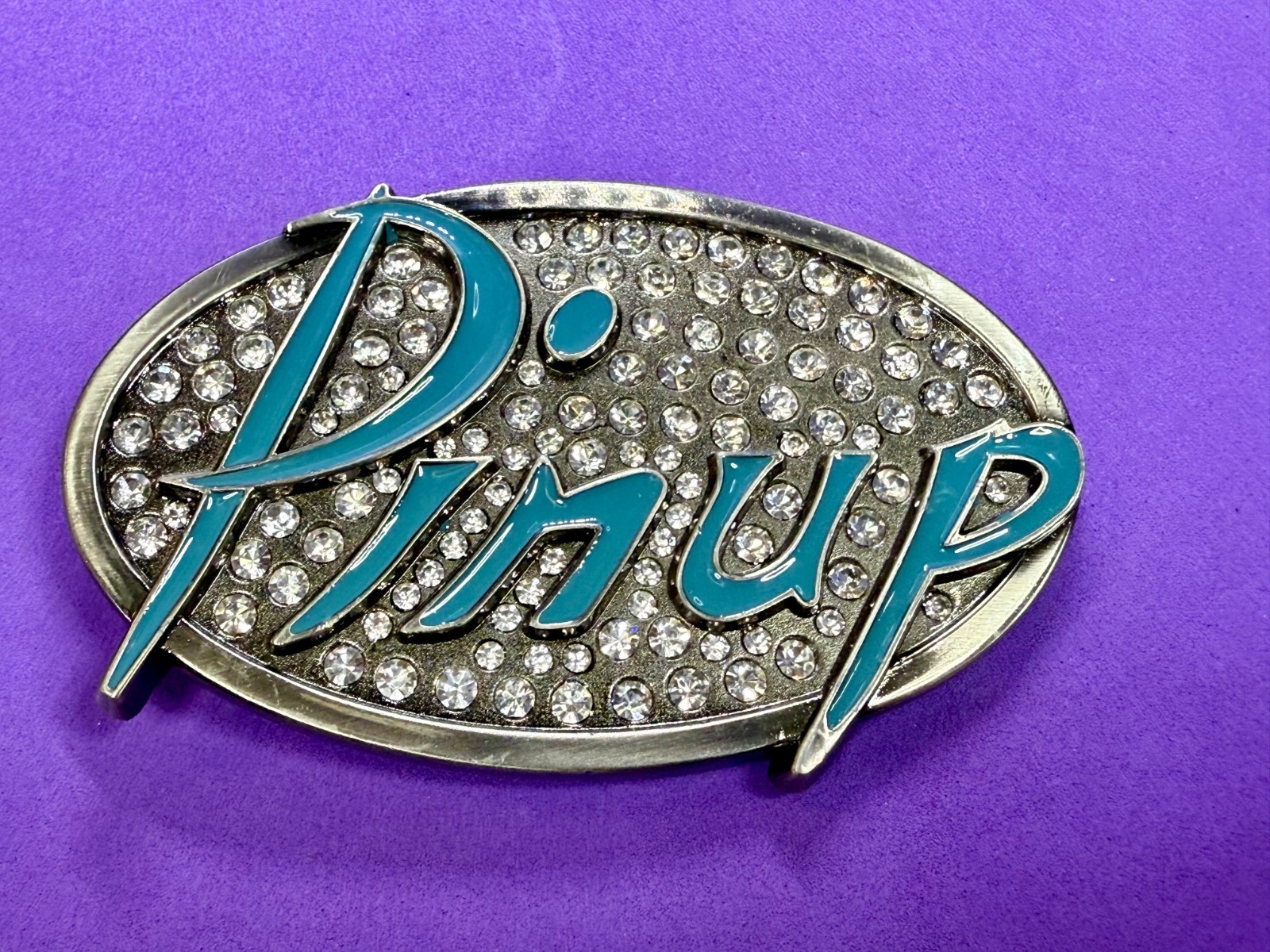 Pinup Girl – Blue Lettering Fashion Statement Novelty Jeweled Oval Belt Buckle