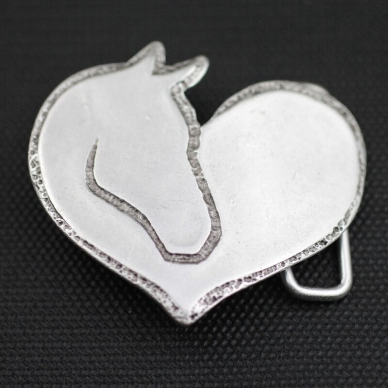 Western Heart Belt Buckle with Horse Head in Antique Silver, Rustic Interchangeable Buckle