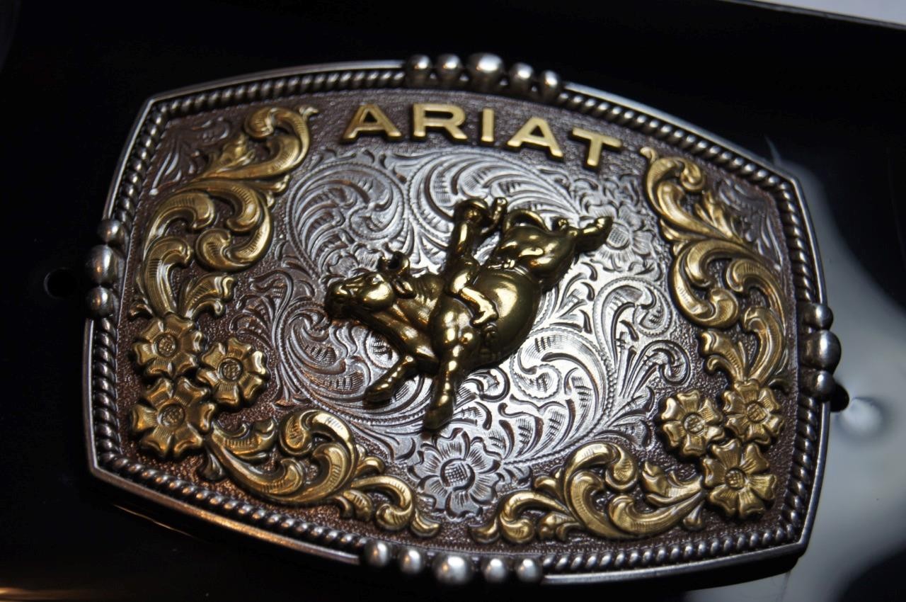 Ariat Western Belt Buckle Bull Rider Logo Silver & Gold tone A37065
