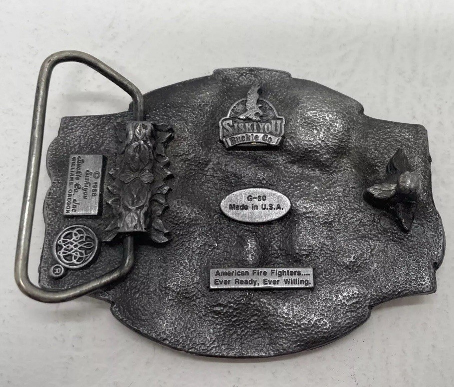 American Fire Fighter Belt Buckle SiskiYou 1988 Made in USA Fire Engine Pewter