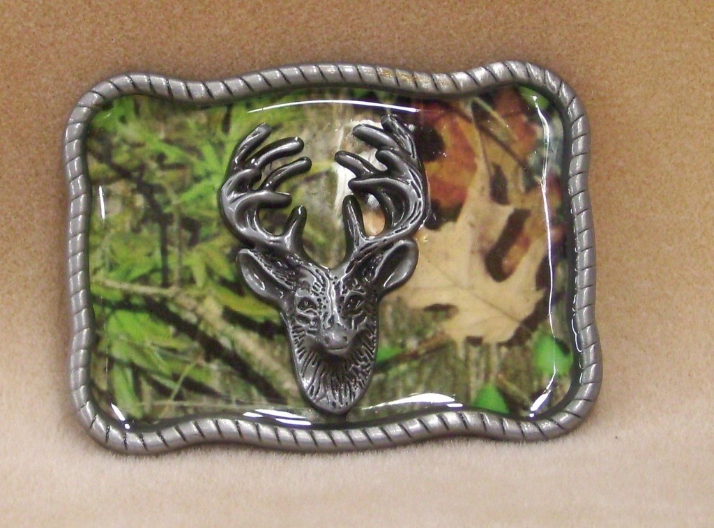 Belt Buckle Camouflage Background With Raised Deer Head Pewter Rectangle