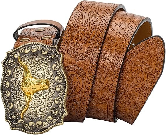 Western Cowboy-Belts for Men Big-Buckle Longhorn-Bull Pu-Leather Rodeo Cowgirl-B