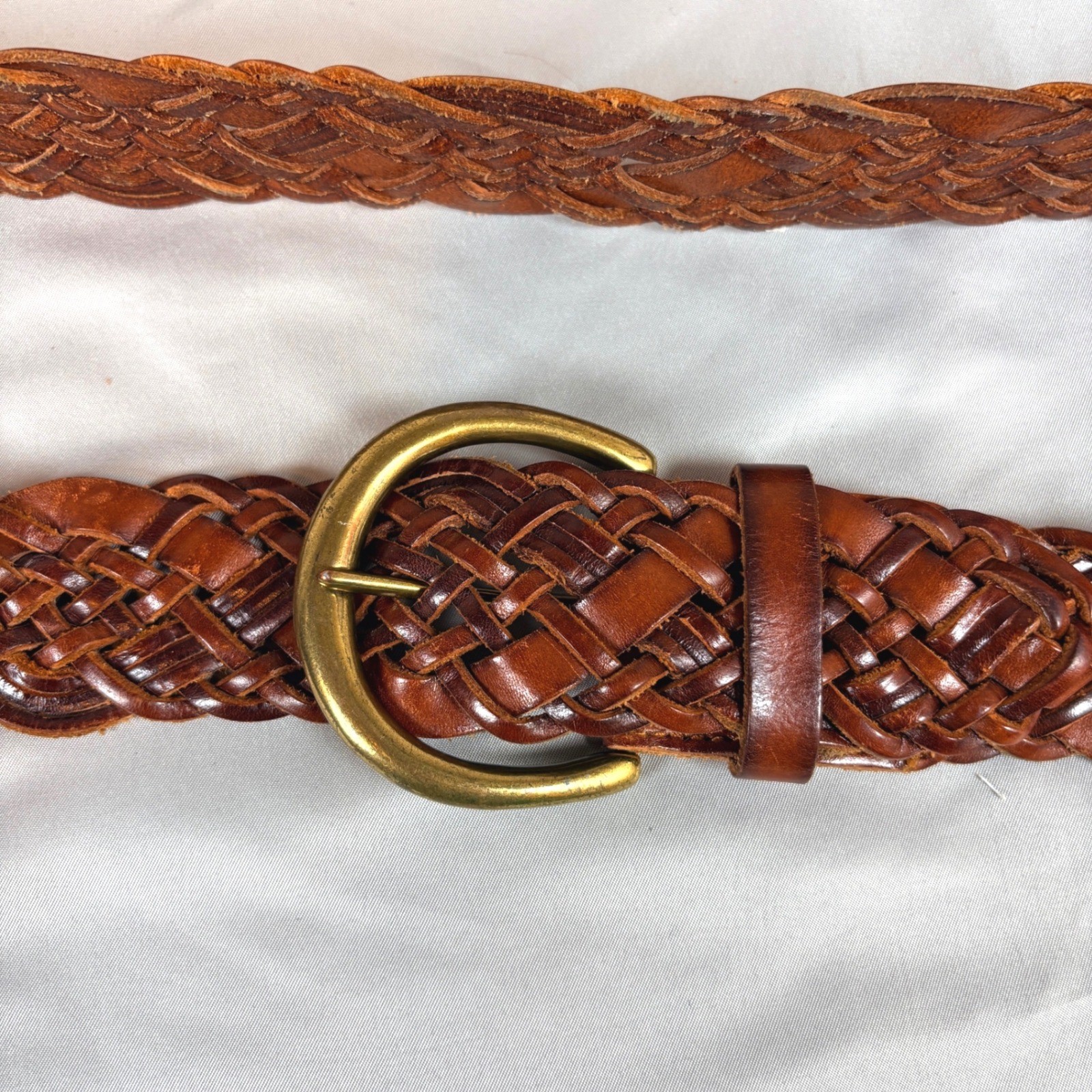 Fossil Braided Leather Belt Brown Woven Brass Buckle Large Boho Western festival