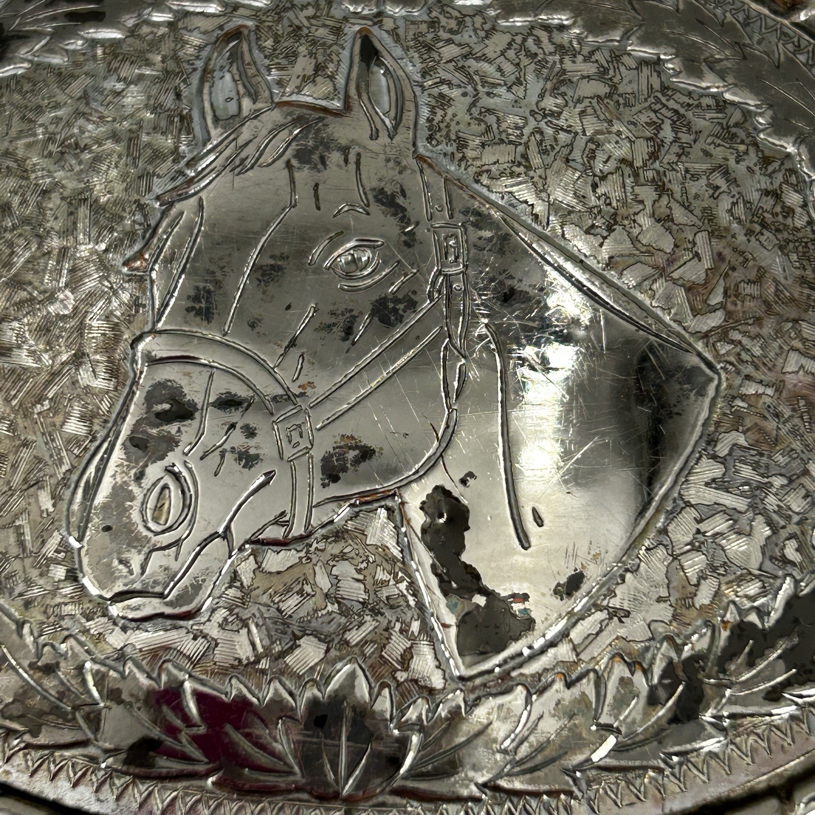 Vintage W Horse Head Belt Buckle Silver Tone Floral Rope Edge Made in USA