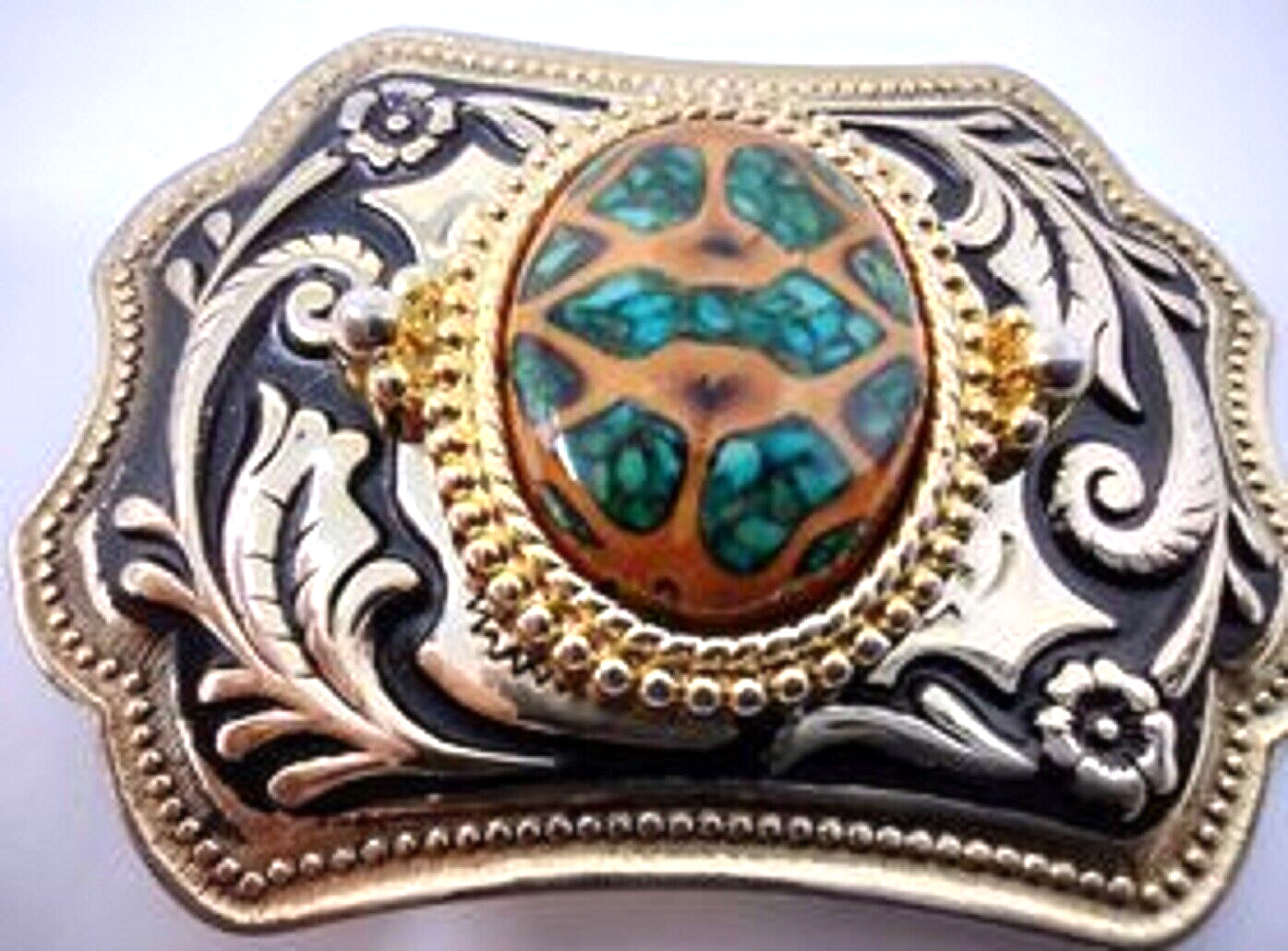 Belt Buckle Gold Color Trim With Oval Brown Green Center