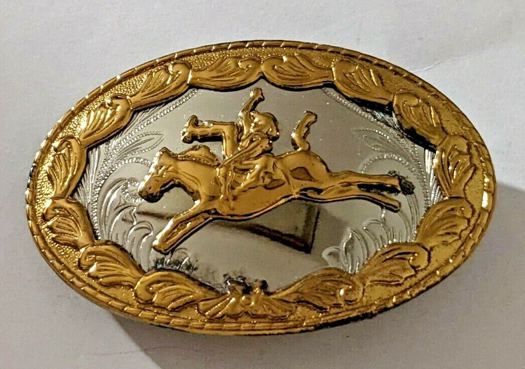German Silver Rodeo Cowboy Bucking Bronco Horse Belt Buckle Vintage RARE HTF EUC