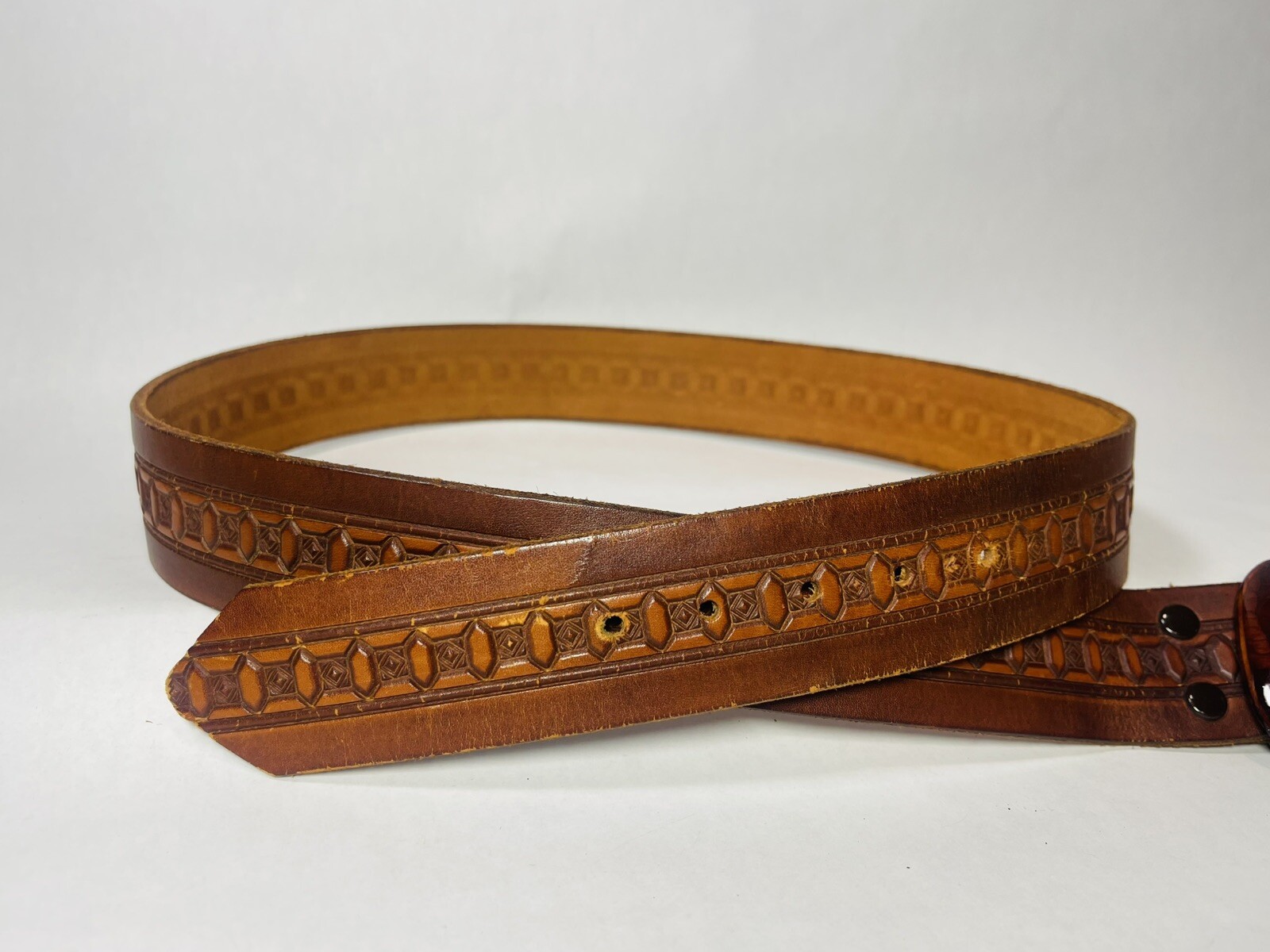 Vintage Wood and Stone Polished Acrylic Belt Buckle and Leather Belt Brass