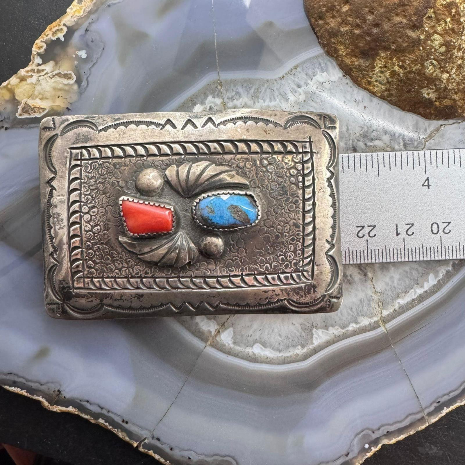 Vintage Richard Henry Yazzie Native American Silver Turquoise &Coral Belt Buckle