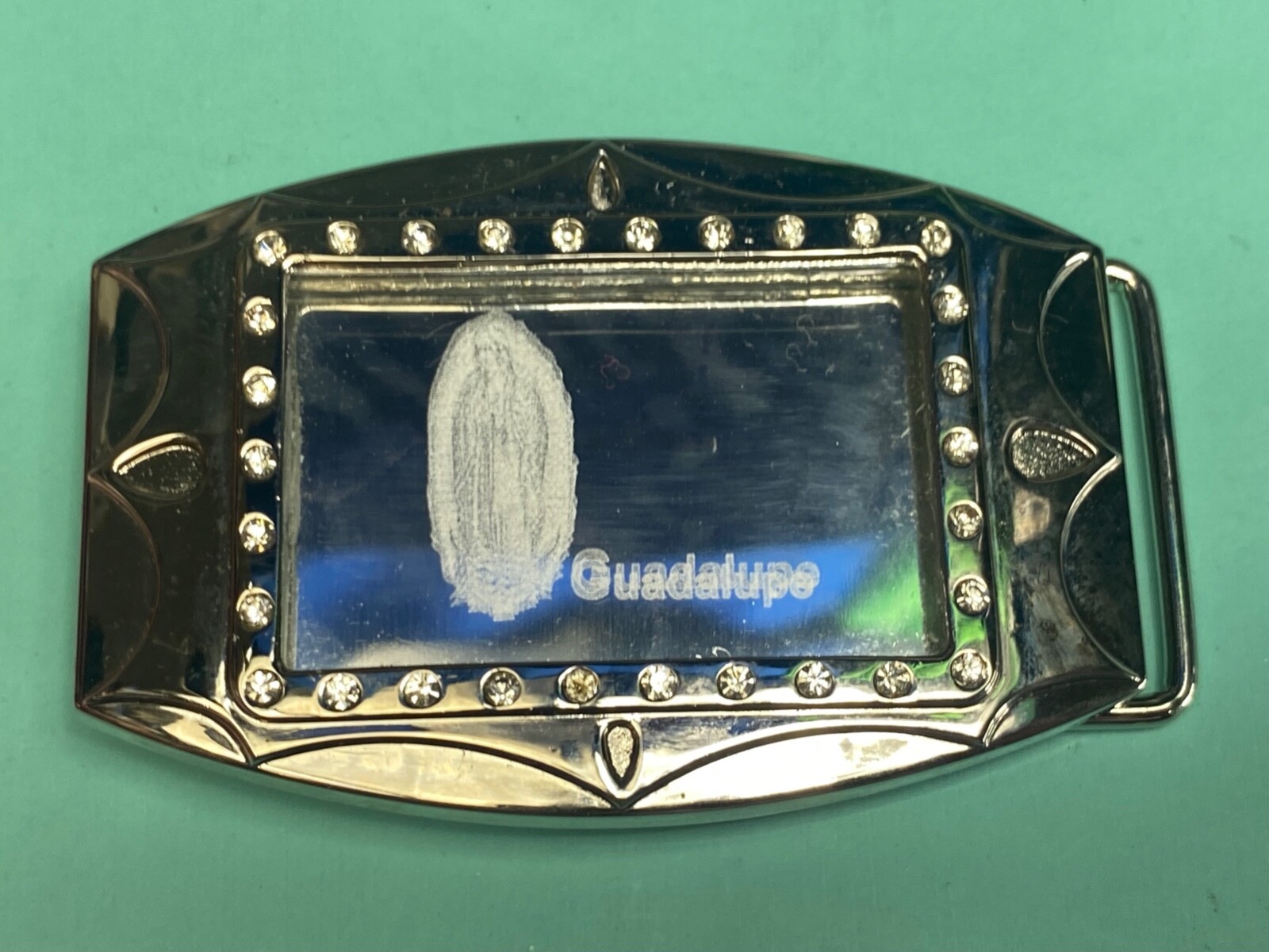 Unique Mirrored Guadalupe With Rhinestones Silver Color Hologram Belt Buckle