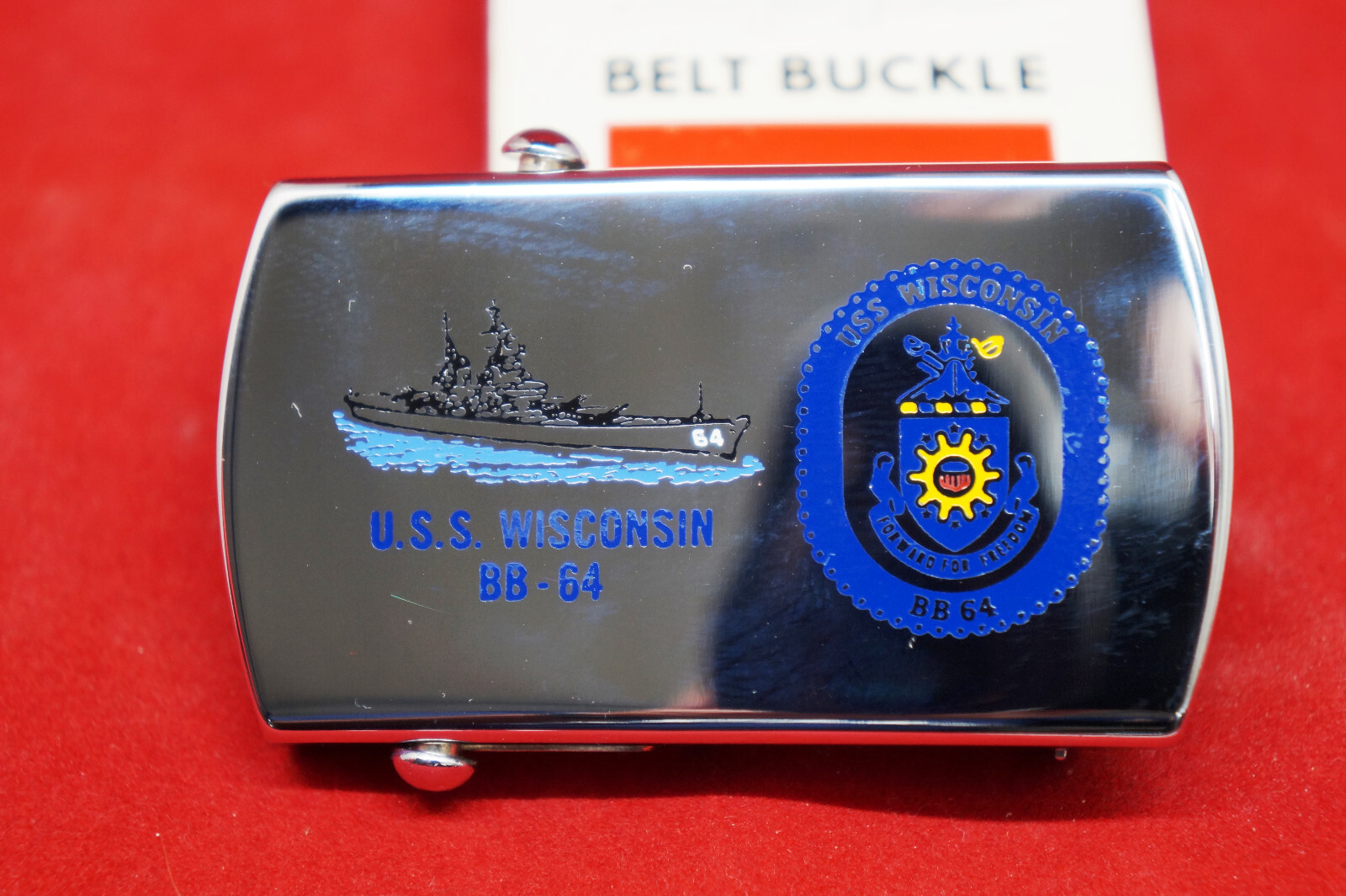 USS WISCONSIN BRASS BELT BUCKLE BY ZIPPO BRIGHT SILVER POSLISHED NEW BOXED ppd