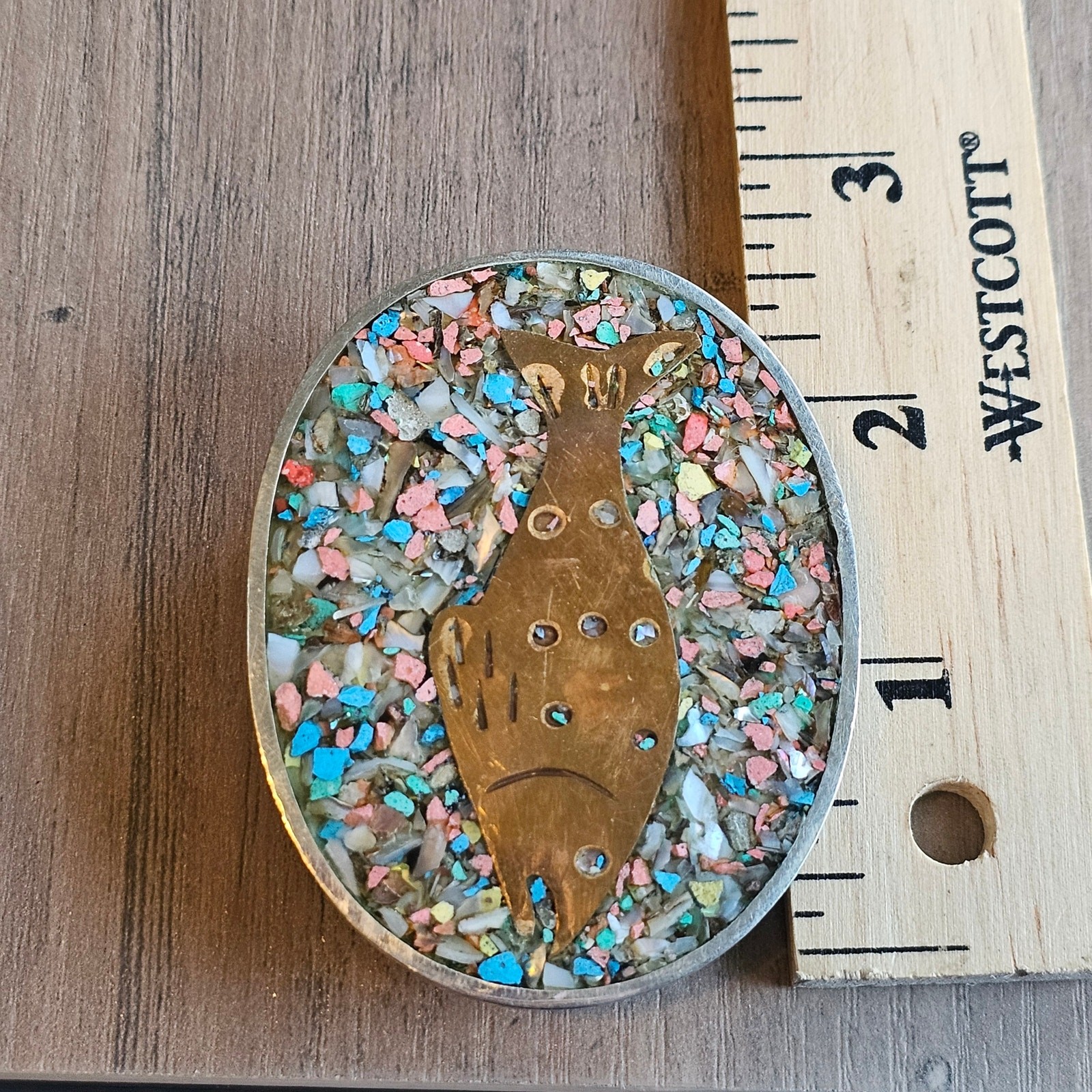 Vintage Alpaca Silver Fish Belt Buckle with Crushed Stone Inlay