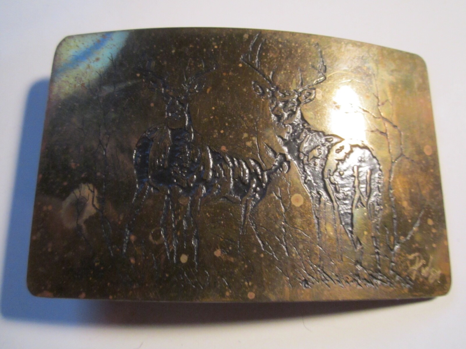 VINTAGE DEER THEME ETCHED BELT BUCKLE SIGNED 1976 1/5 – BBA23C