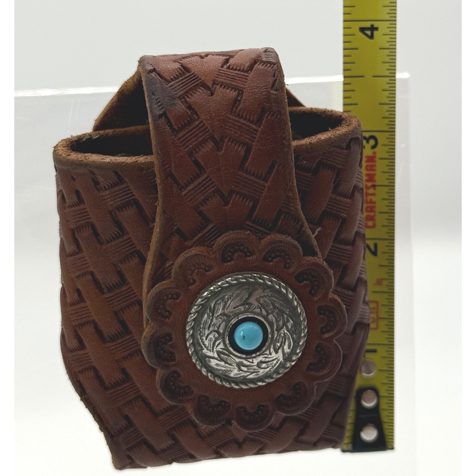Vintage Hand Tooled Leather Belt Pouch Basket Weave Western Turquoise Concho
