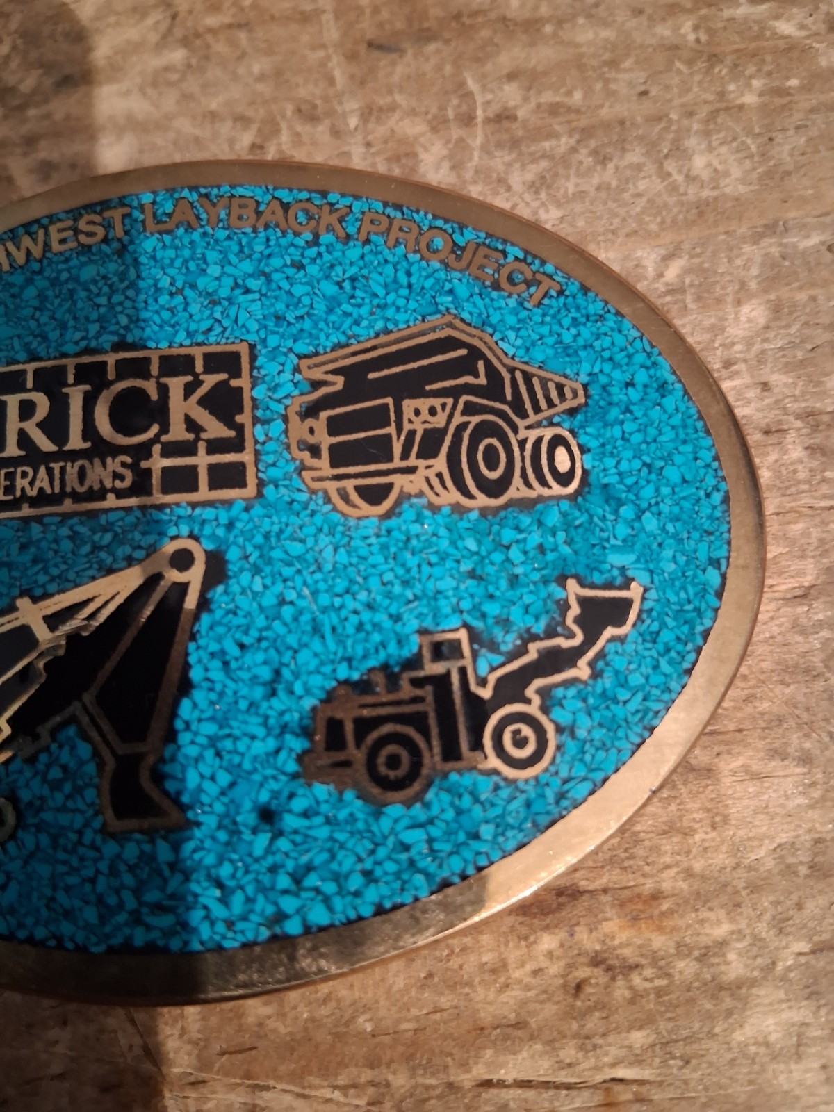 Vintage Brass Turquoise Excavator Belt Buckle, Barrick Gold Mine, Vegas 92