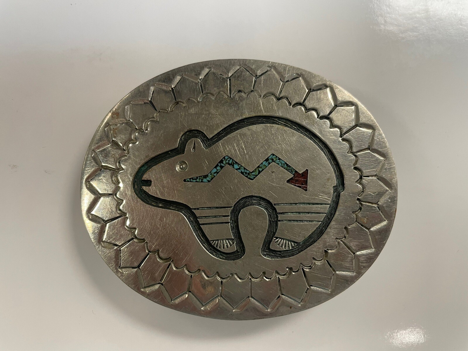 Vintage Silver Turquoise And Coral Inlaid Bear Belt Buckle Signed T