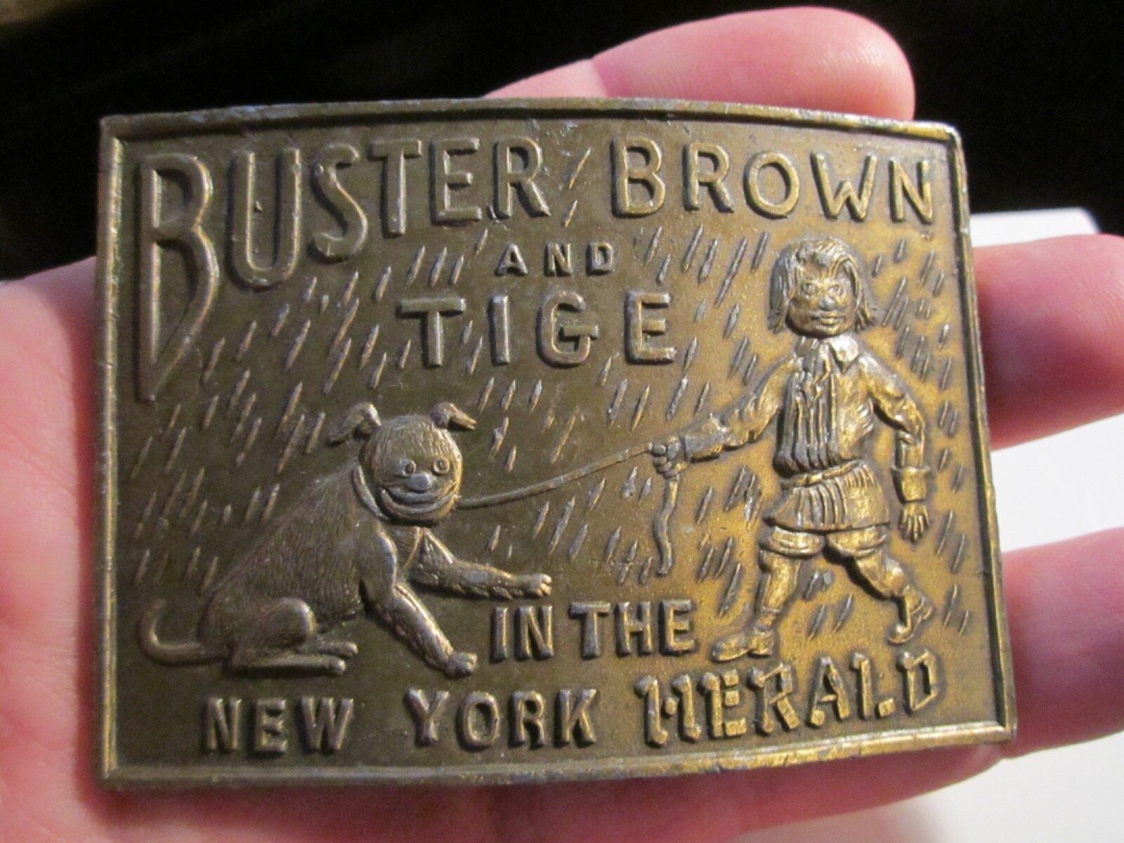 VINTAGE BUSTER BROWN AND TIGE BELT BUCKLE – HEAVY BRASS – GW-9
