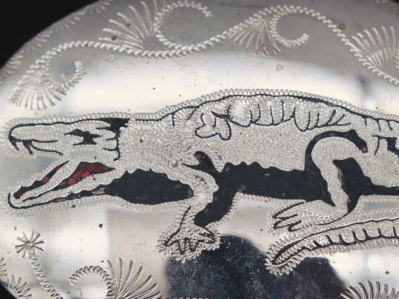 Alligator Handmade Stone Inlay German Silver Tooled Paisley Vintage Belt Buckle