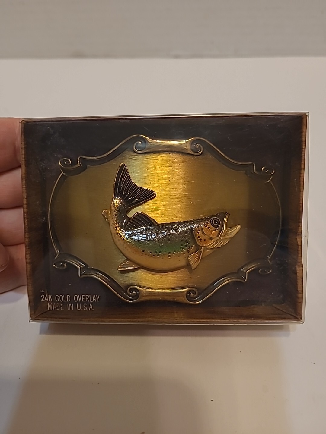 Vintage Raintree Belt Buckle Enamel Trout Fish USA 1978 Unused In Original Box