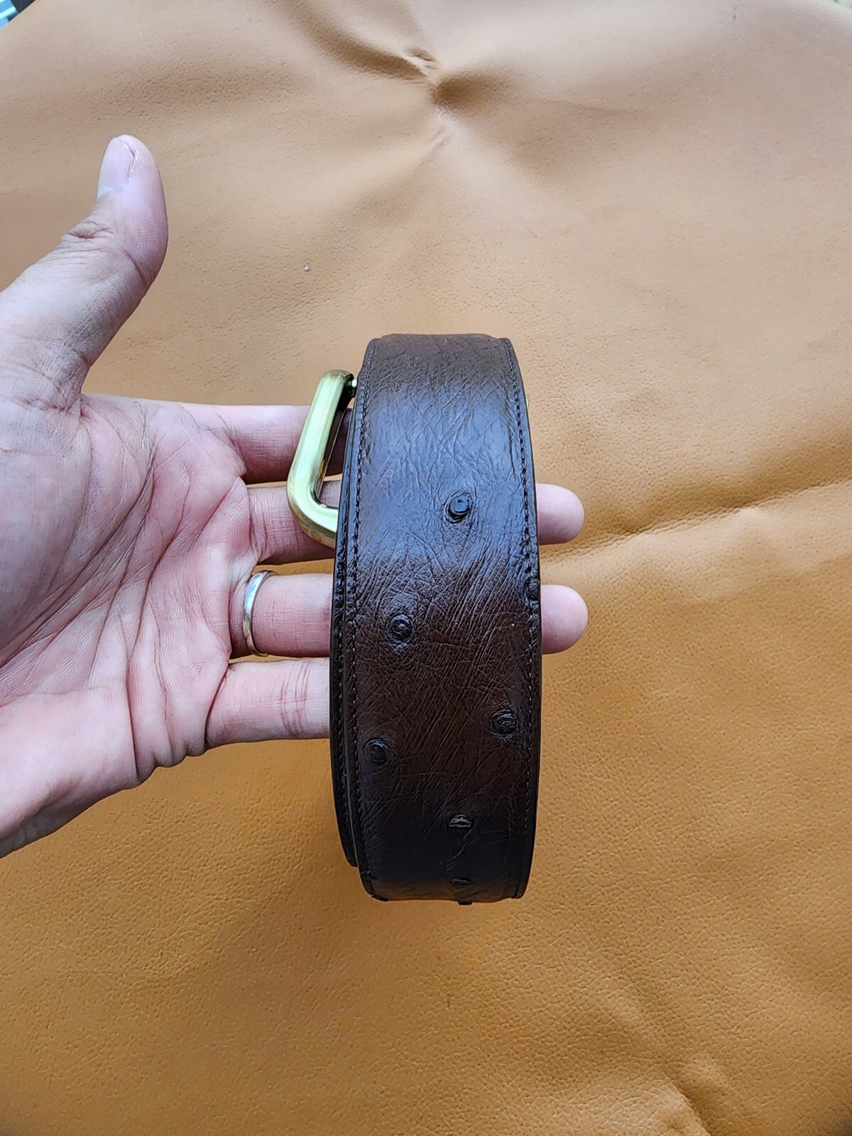 3.8CM Brown 100% Genuine Body Ostrich Leather Skin Men Belt Buckle- Handmade