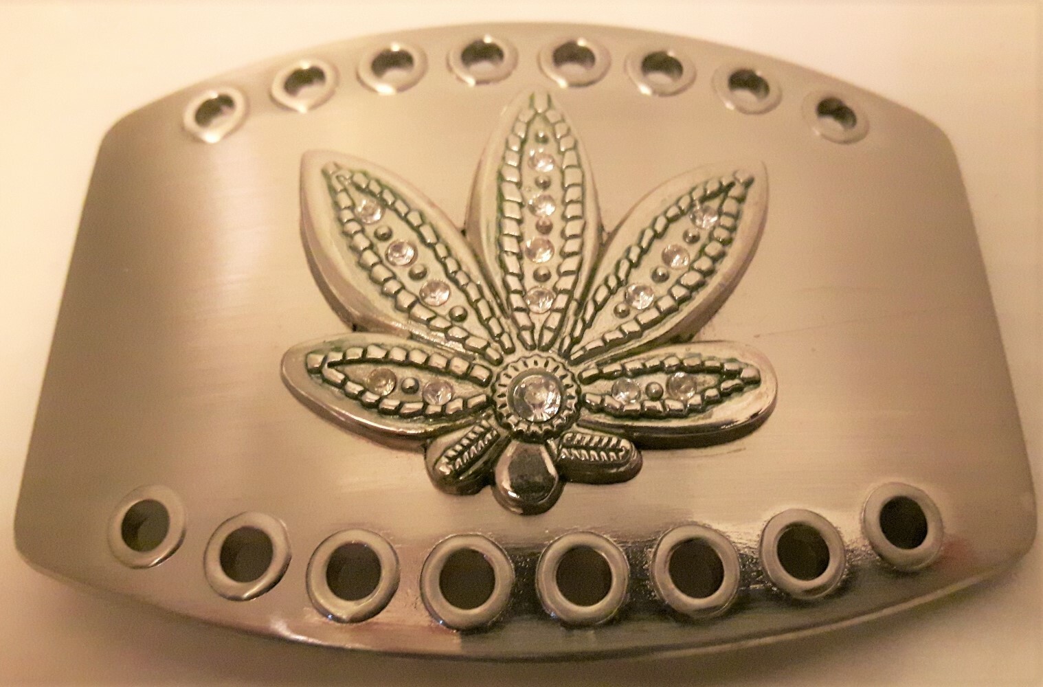 4&Prime; x 3&Prime; Stainless Steel w/Rhinestones Marijuana / Pot Leaf Belt Buckle