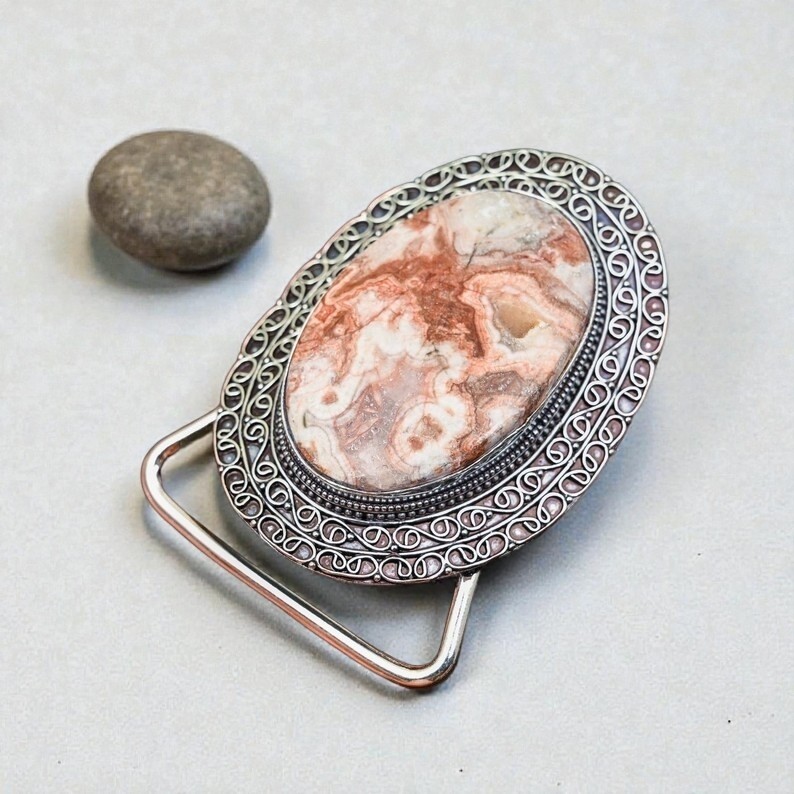 Crazy Lace Agate Belt Buckle Silver Plated Handmade Western Cowboy Statement