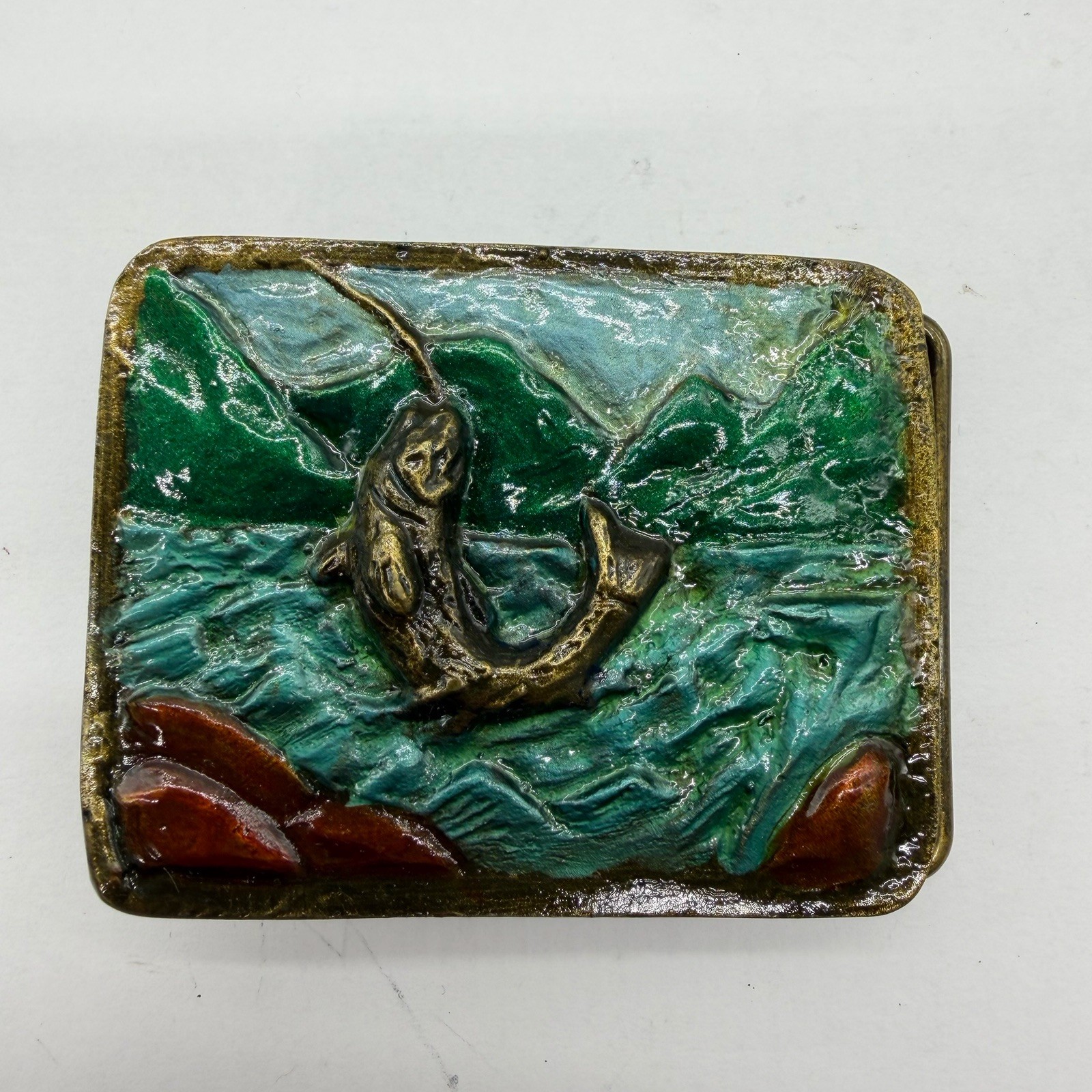 Vintage Enameled Metal Fishing Trout Belt Buckle Green Water Colorado