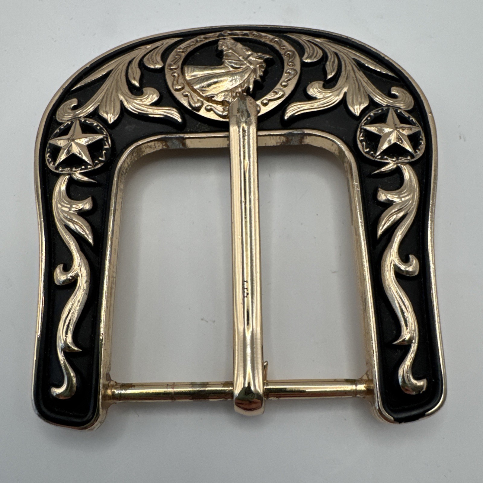 Western Belt Buckle Two Tone Gold Black Horse Stars Rodeo Wear
