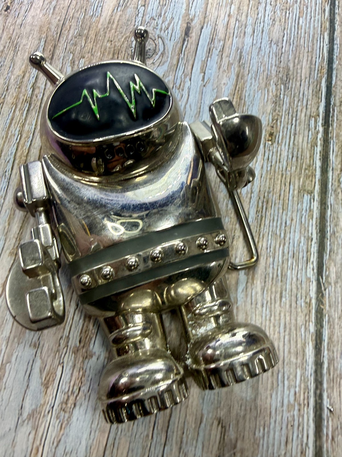 Outer Space Suit Alien Astronaut Chrome Figural Moving Arms Toy Like Belt Buckle