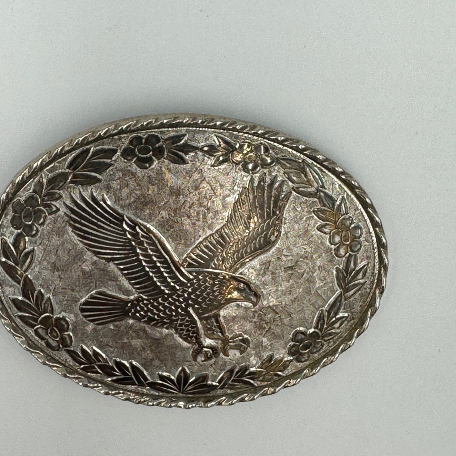 Vintage W USA Silver Tone Bald Eagle Western Belt Buckle Floral Oval Americana