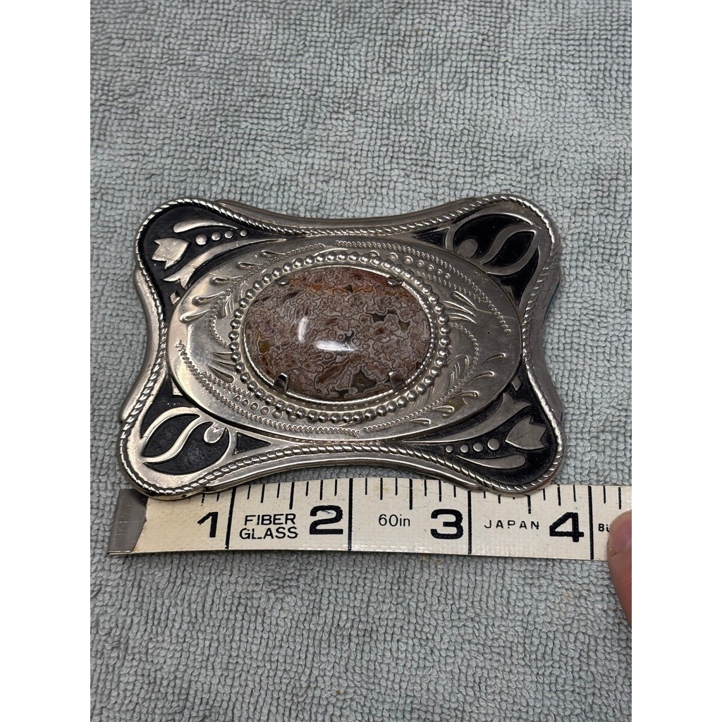 Vintage Western Silver Tone Lace Agate Stone Belt Buckle Scroll Floral Design
