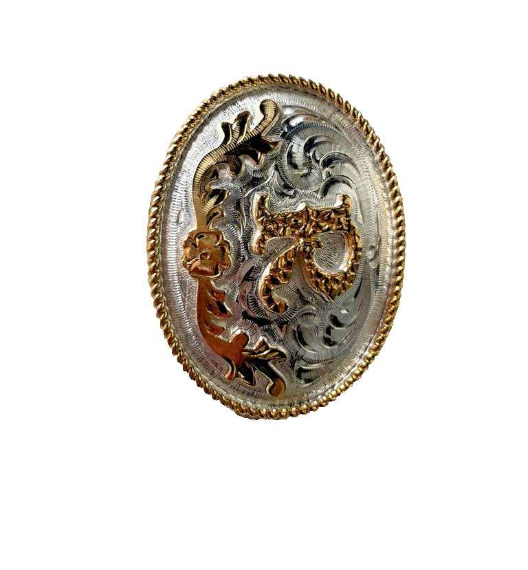 Western Initial Belt Buckle 3.5 x 2 5/8 in Oval R Silver Engraved Gold 1.75
