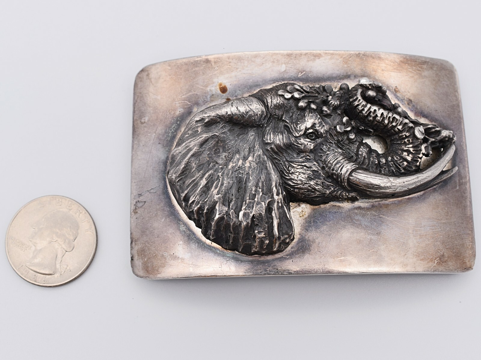 Solid Sterling Silver Elephant Watering Hole Vintage Belt Buckle Hallmarked TOC