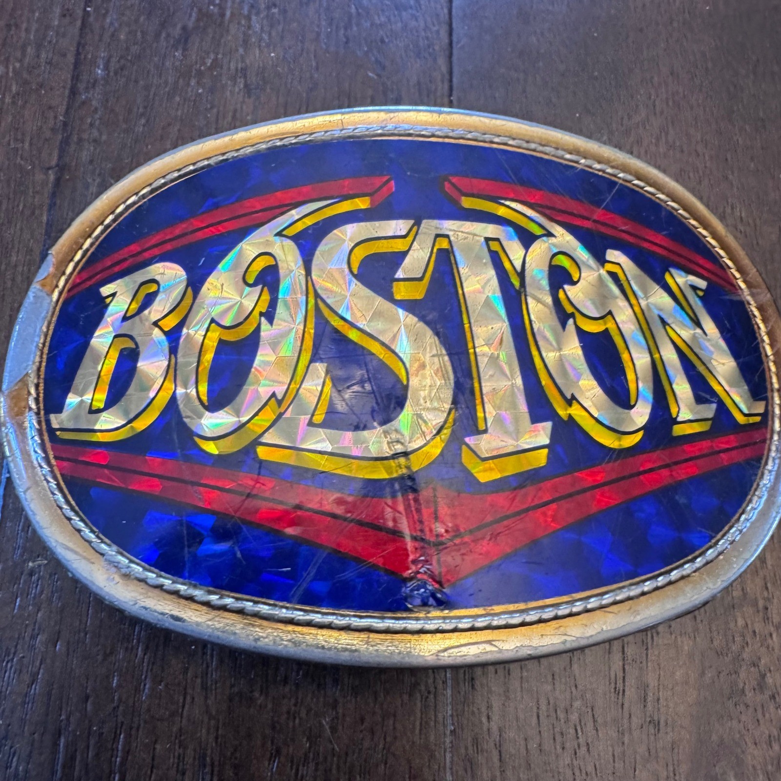 Vintage Boston Belt Buckle 1977 Pacifica Mfg Metal Gold Tone Blue Red
