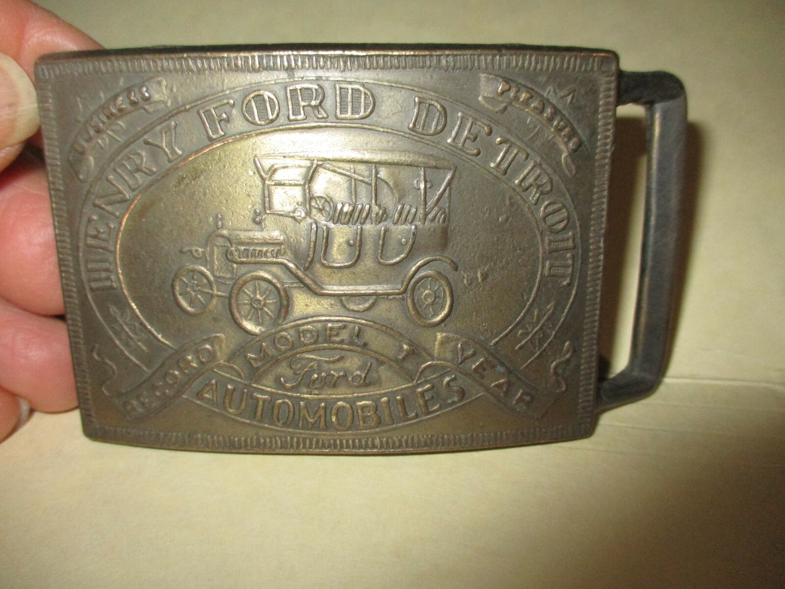 Vintage Solid Brass Belt Buckle- Henry Ford Detroit Model T Record Year EUC