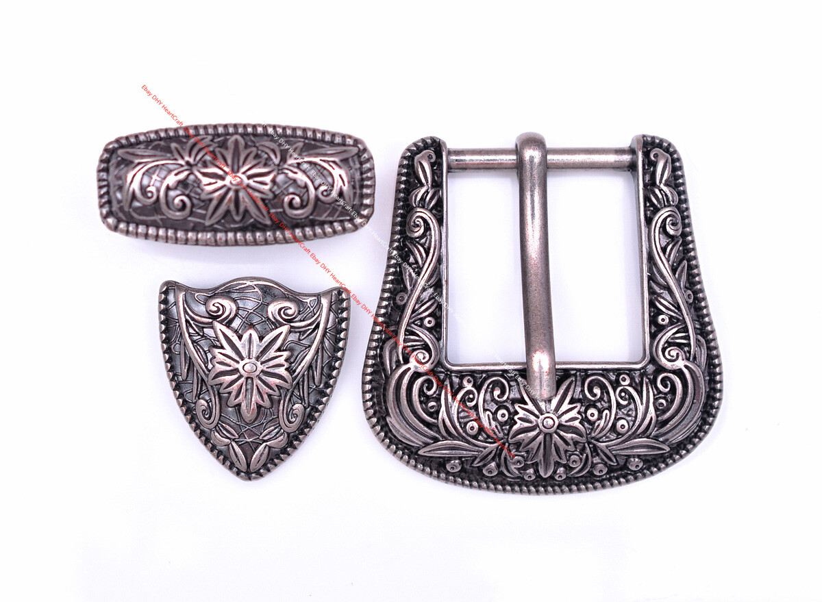 Vintage Silver Cowboy Rodeo Flower DIY 3 pc Set Western Belt Buckle fit 1&Prime; Belt