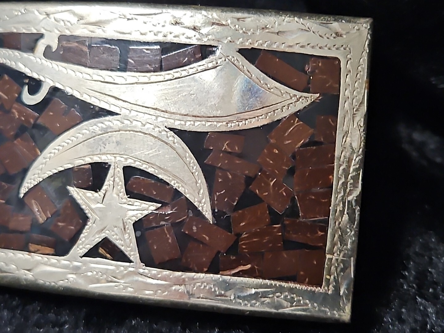 SHRINER Vintage Mexico SilverTone Brown/Black Inlay Star Sword Belt Buckle