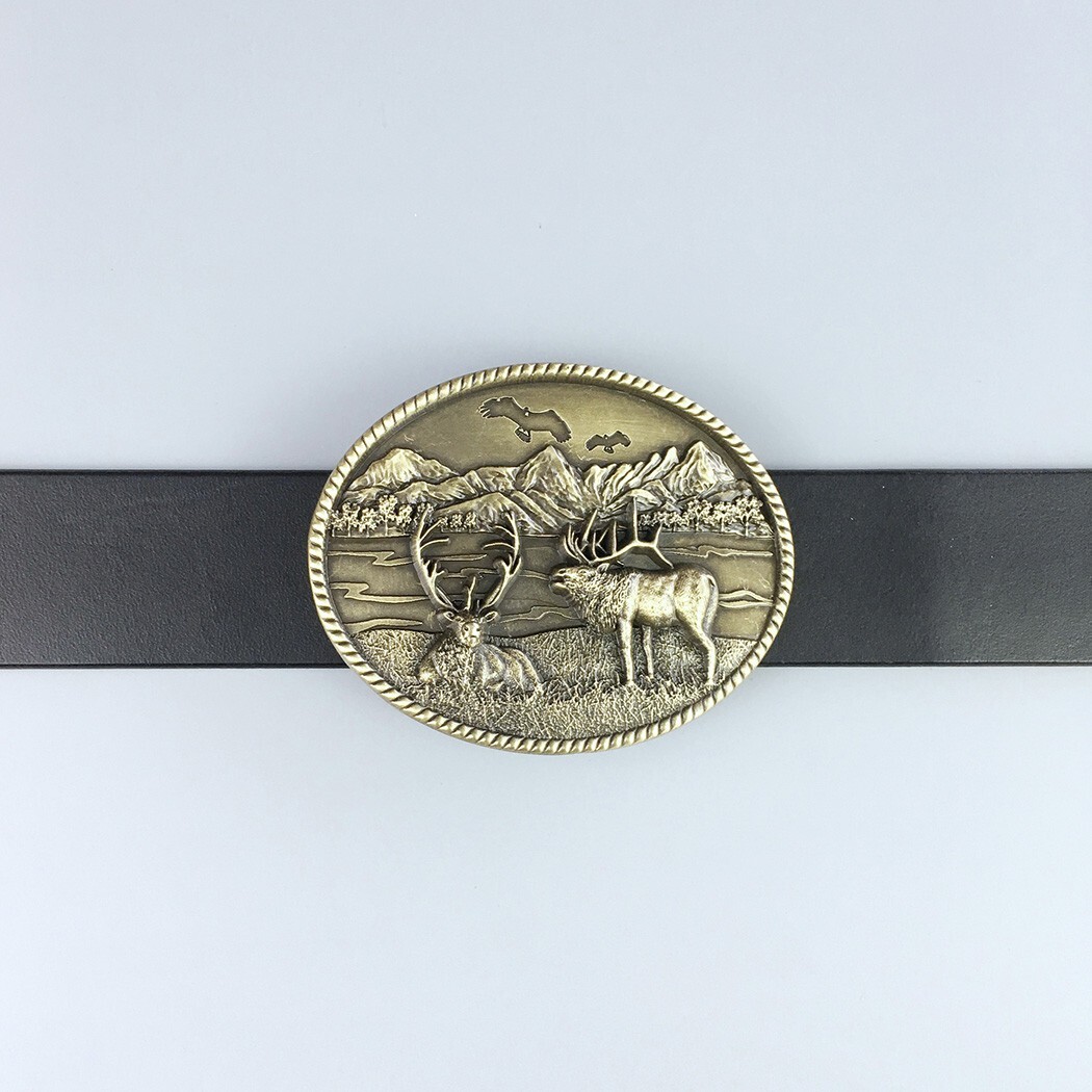 Vintage Bronze Plated Deer Wild Life Western Oval Belt Buckle Boucle de Ceinture